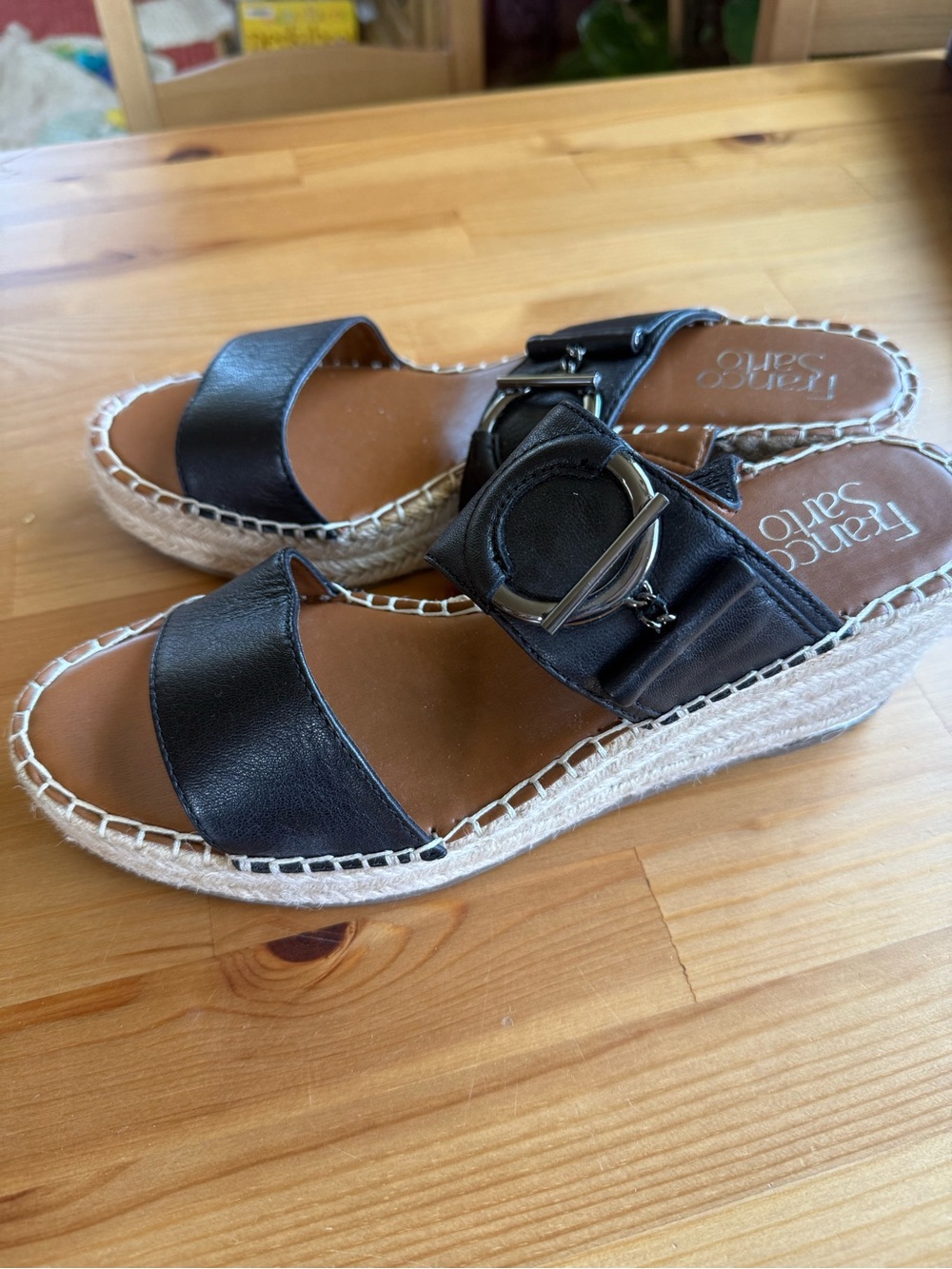 Franco Sarto Black Leather Espadrille Wedge Slides with Buckle